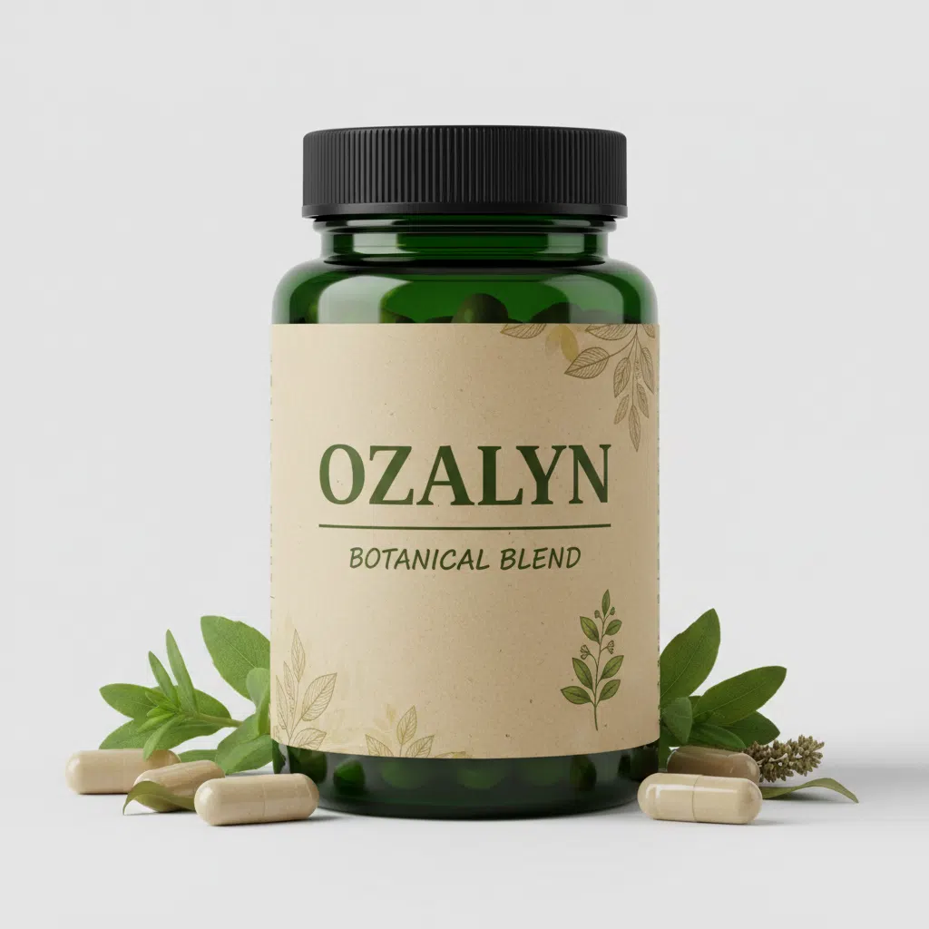Ozalyn kosttillskott burk - vit cylindrisk förpackning med mörkblå etikett